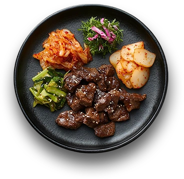 Korean beef bulgogi with assorted vegetables kimchi