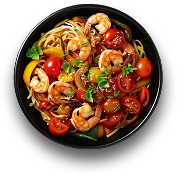 Stir fry noodles with vegetables shrimps black bowl